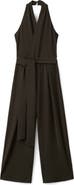 MANGO Halter Tie Waist Wide Leg Faux Wrap Jumpsuit