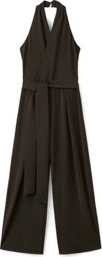 MANGO Halter Tie Waist Wide Leg Faux Wrap Jumpsuit