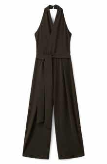 Halter Tie Waist Wide Leg Faux Wrap Jumpsuit