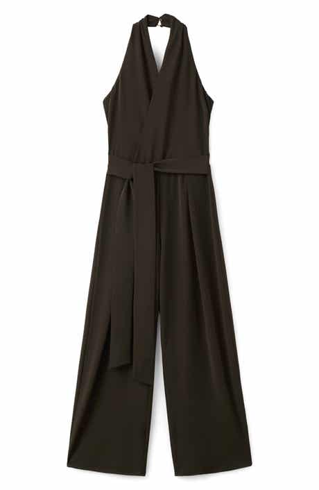 Halter Tie Waist Wide Leg Faux Wrap Jumpsuit