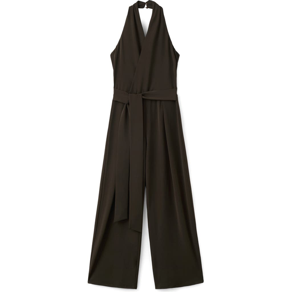 Mango Halter Tie Waist Wide Leg Faux Wrap Jumpsuit In Brown