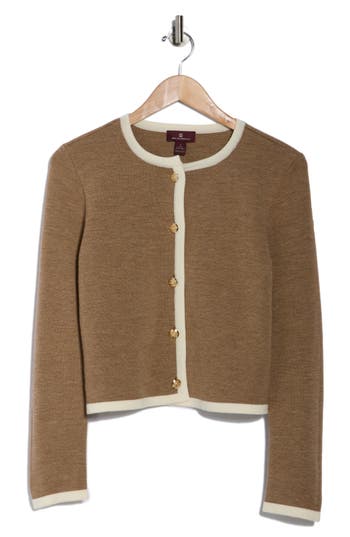 Bruno Magli Tipped Merino Wool Crop Cardigan In Brown