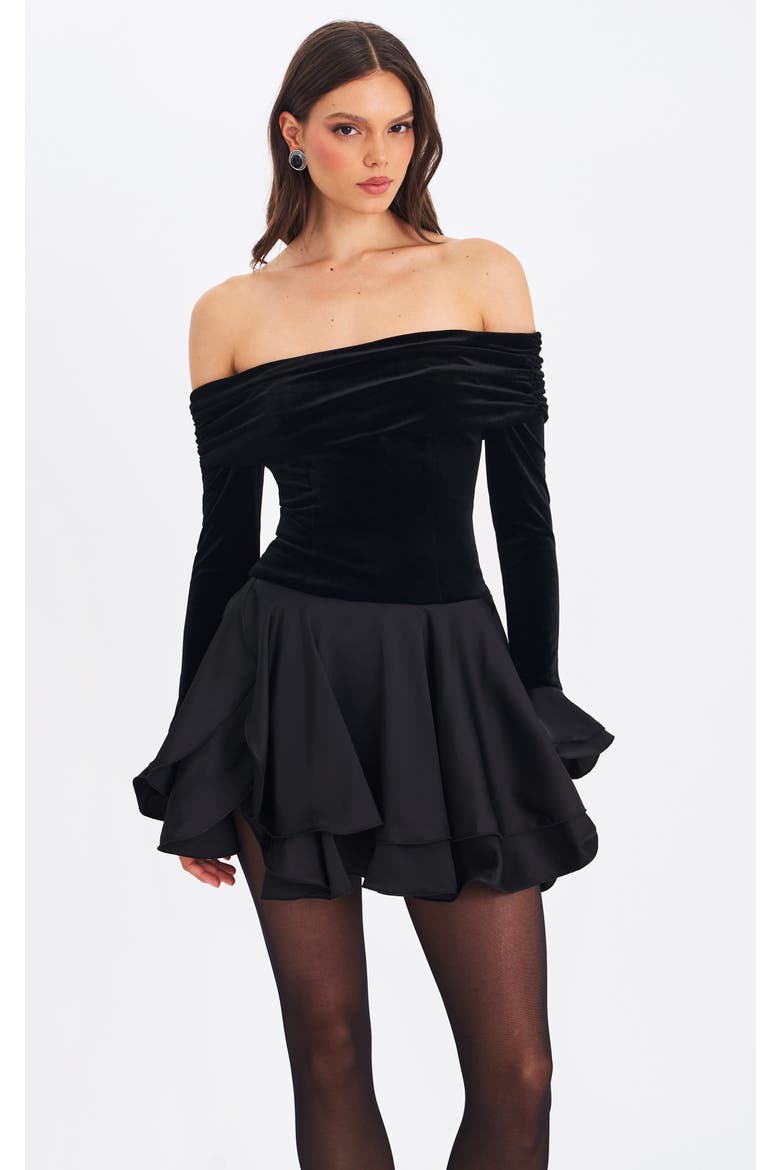 Magnolia Off-Shoulder Layered Satin Mini Dress, Main, color, Black