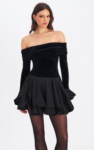 Miss Circle Magnolia Off-Shoulder Layered Satin Mini Dress