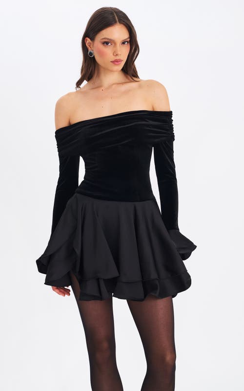 Miss Circle Magnolia Off-shoulder Layered Satin Mini Dress In Black