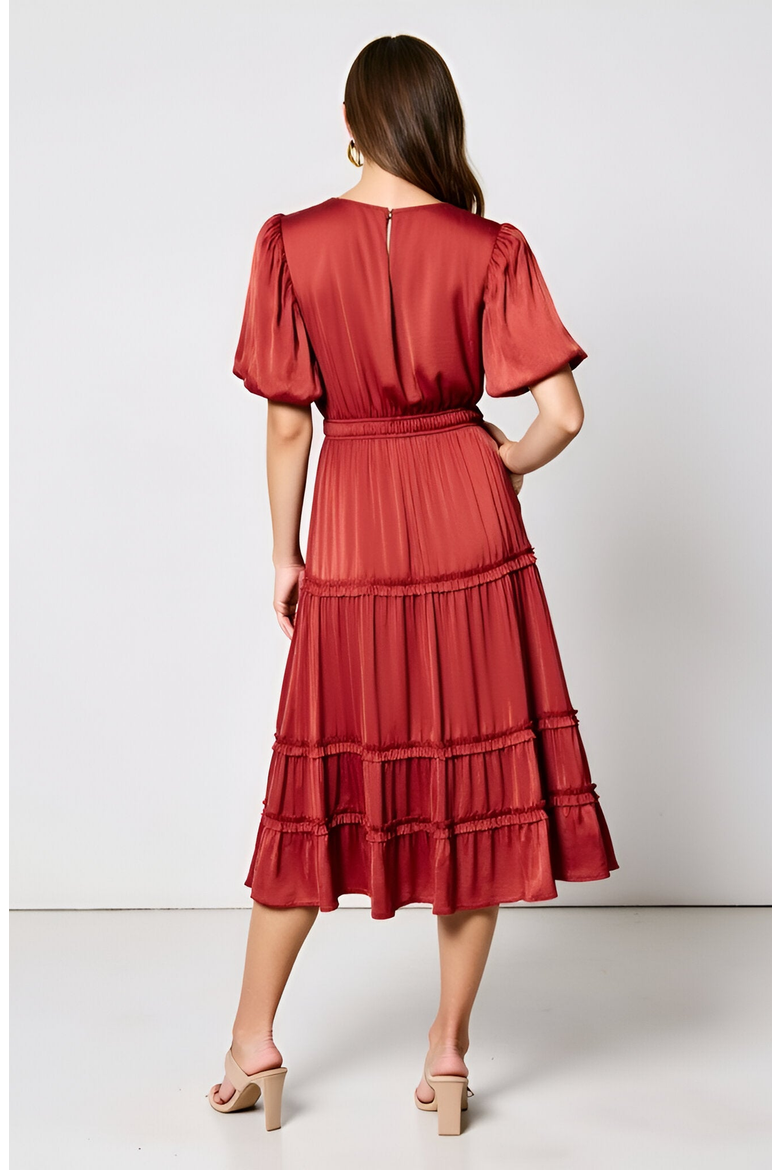 Tiered Puff-Sleeve Shirred Elastic-Waistband Midi Dress, Alternate, color, Rust Red