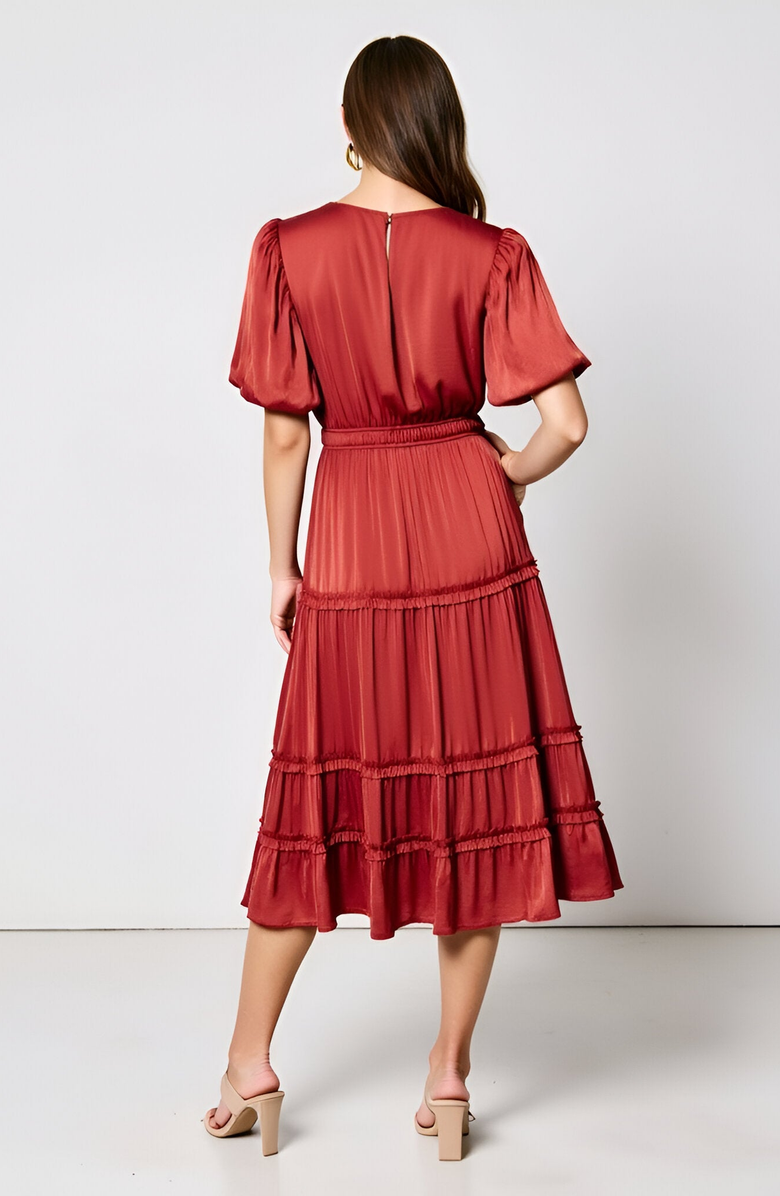 Modenaire Tiered Puff-Sleeve Shirred Elastic-Waistband Midi Dress, Alternate, color, Rust Red
