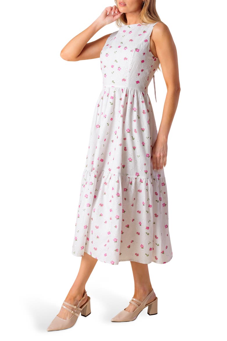 Floral Embroidered Eyelet Cotton Blend Fit & Flare Dress, Alternate, color, WHITE/ PINK