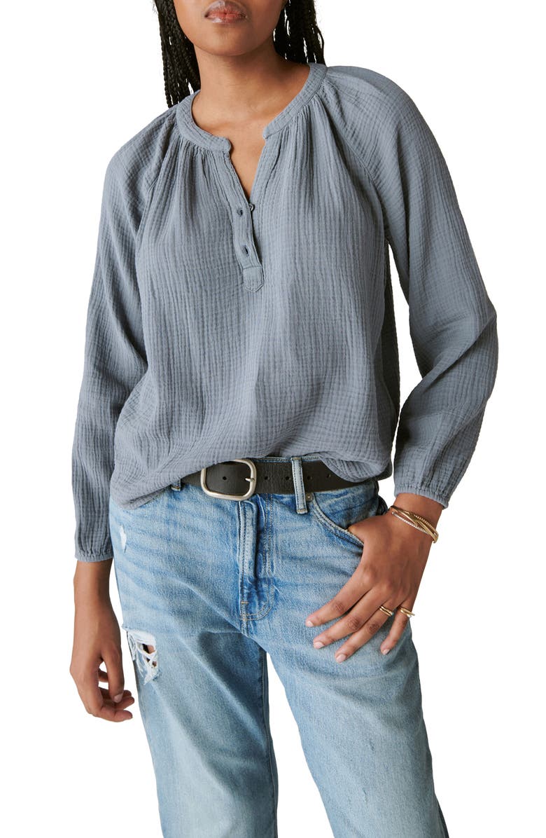 Lucky Brand Long Sleeve Cotton Gauze Blouse, Main, color,