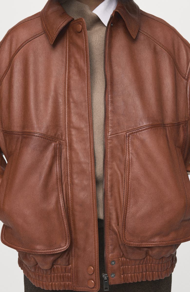 MANGO London Oversize Leather Jacket, Alternate, color, Cognac