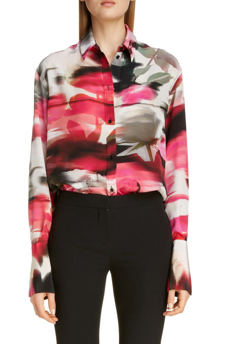 Alexander McQueen Rose Print Silk Blouse, Main, color, PINK