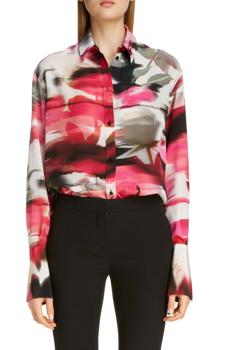 McQueen Alexander McQueen Rose Print Silk Blouse, Main, color, 