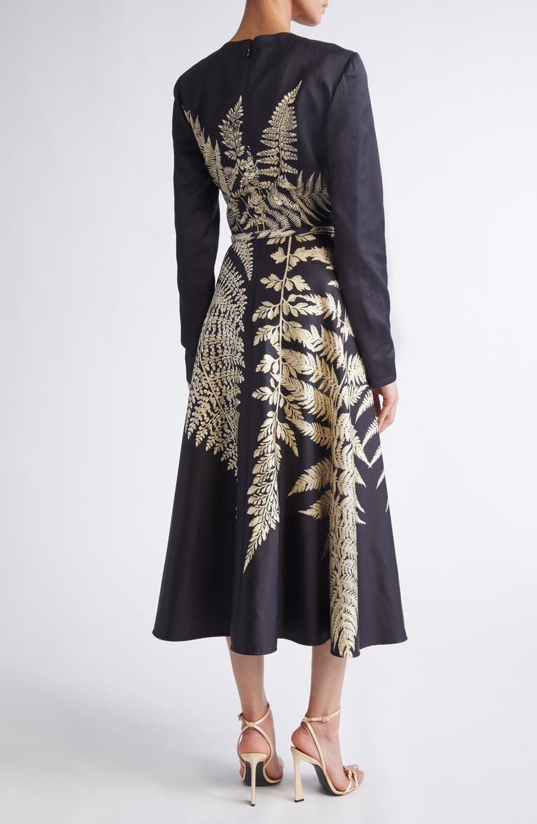Oscar de la Renta Fern Print Belted Long Sleeve Cocktail Dress, Alternate, color, Black/ Ecru