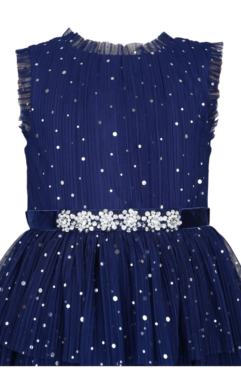 Zunie Kids' Mesh Bodice Tiered Dress, Alternate, color, Navy/ Silver