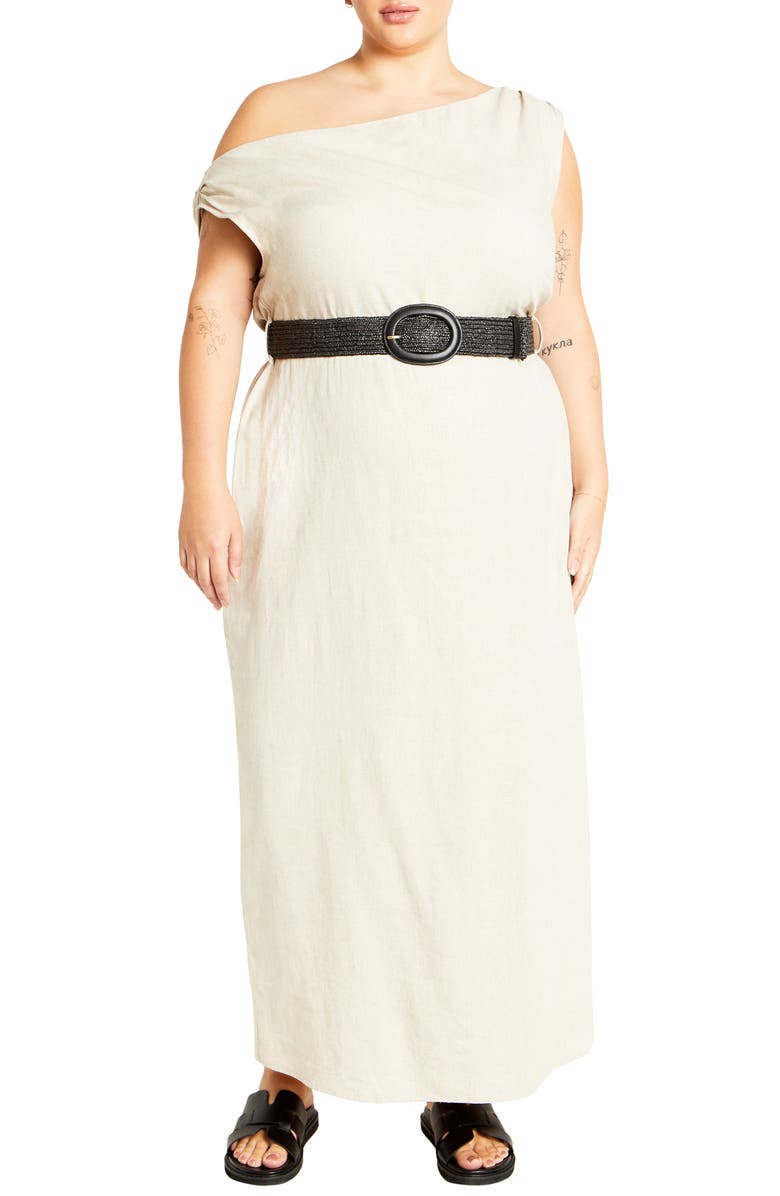 City Chic Lana One-Shoulder Sleeveless Linen Blend Maxi Dress, Main, color, Stone