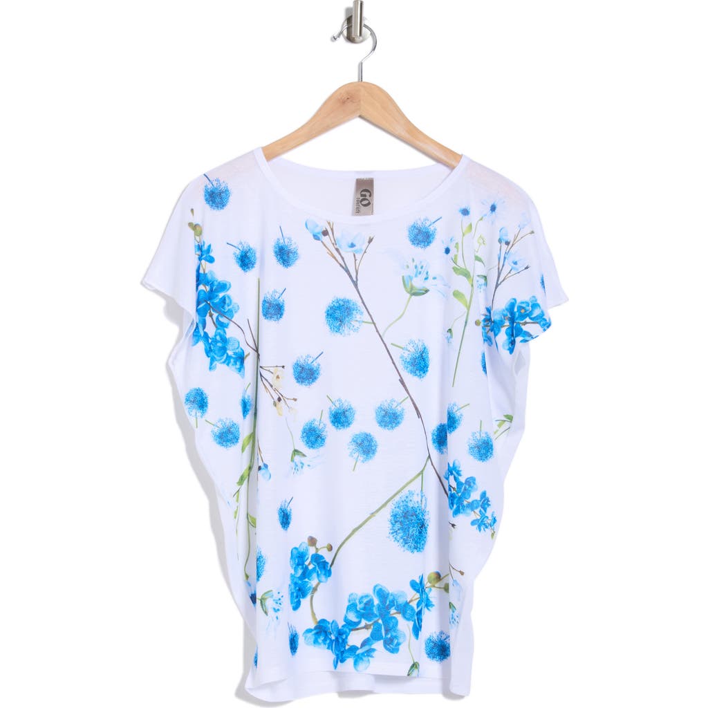 Go Couture Dolman Sleeve Tee In White Blue Cornflowers Print