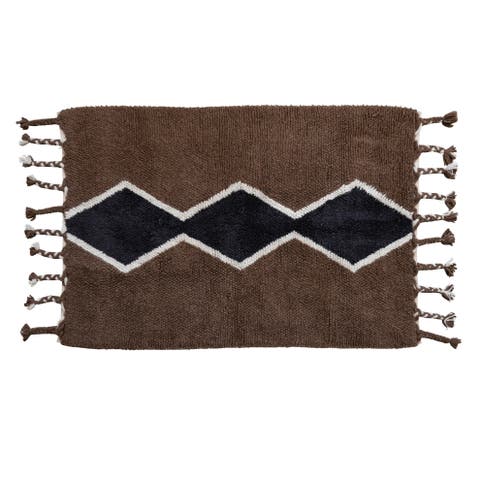 Cotton And Wool Blend Rug With Pattern And Braided Tassels, Brown, Black, And Cream