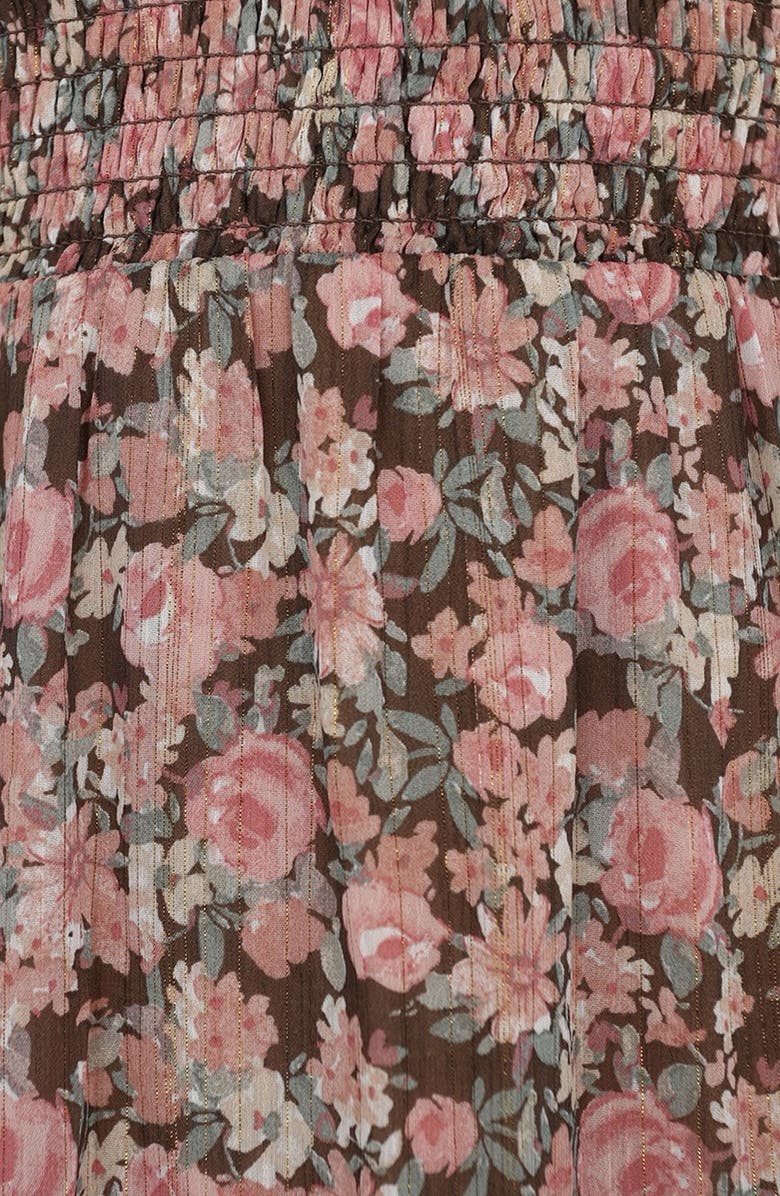 Zunie Kids' Metallic Smocked Bodice Flutter Sleeve Tiered Chiffon Maxi Dress, Alternate, color, Mocha