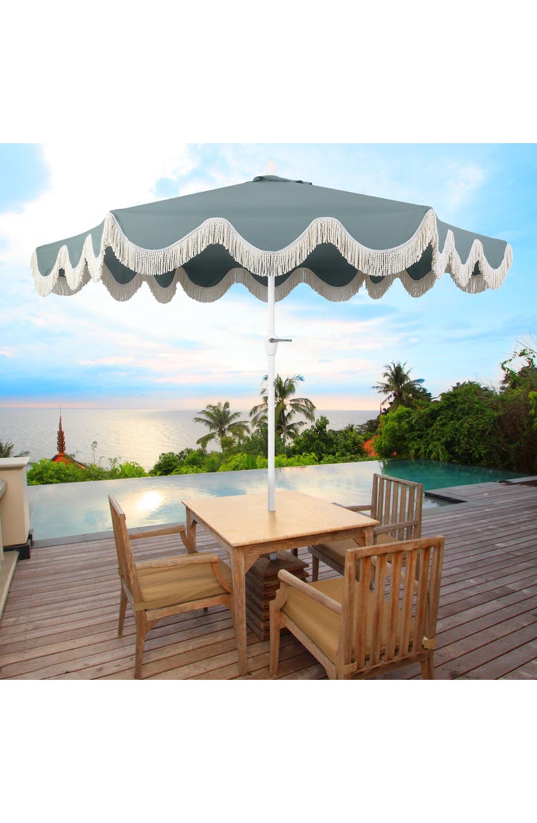 JONATHAN Y Collins Bohemian Fringe Outdoor Patio Umbrella with Crank Lift and Tilt, Scalloped UV-Resistant Canopy, Aluminum Pole, Alternate, color, Green/White Pole
