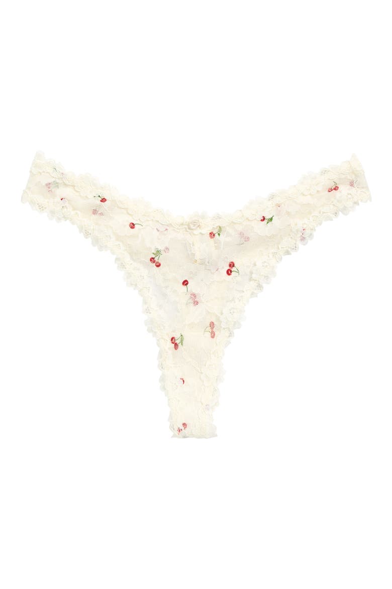 Stretch Lace Dipped Thong, Alternate, color, IVORY CHERRY PRINT