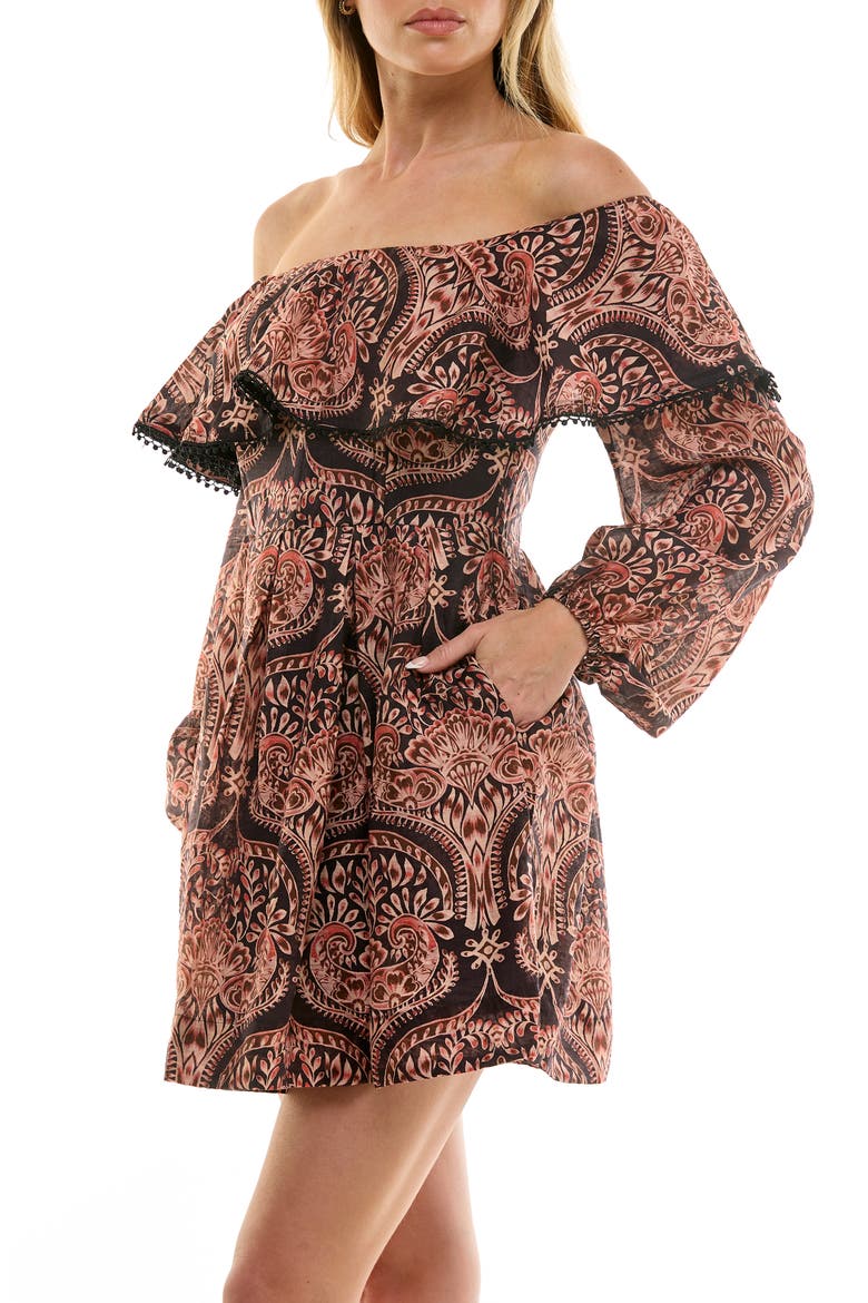 Ruffle Off the Shoulder Minidress, Alternate, color, BLACK/ TAN/ BLUSH