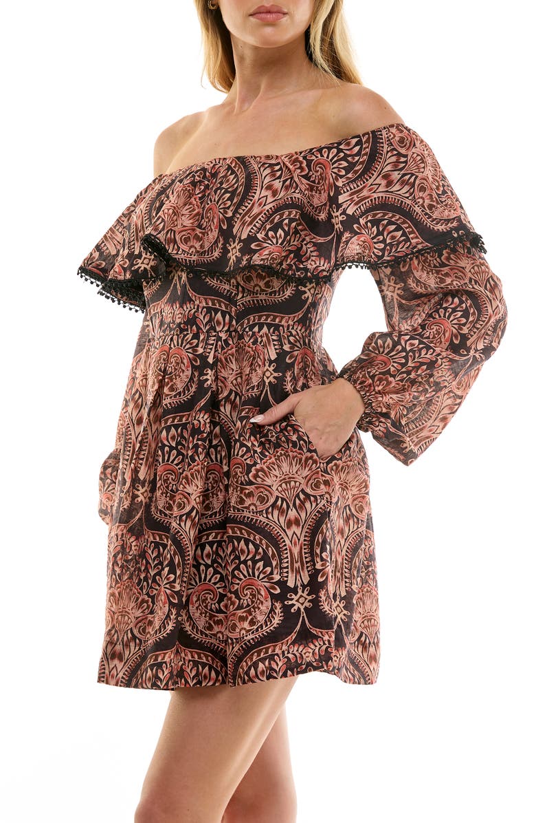 Socialite Ruffle Off the Shoulder Minidress, Alternate, color, Black/ Tan/ Blush