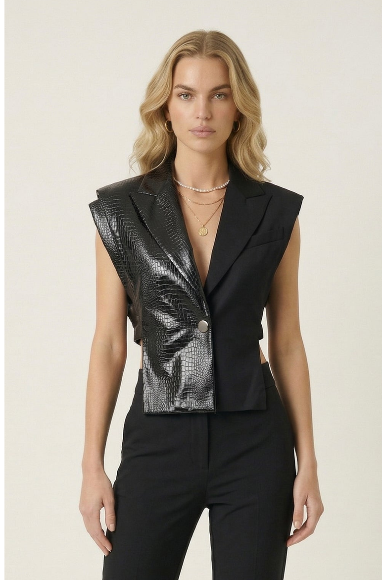 Mixed Texture Sleeveless Embossed Blazer Top, Main, color, Black