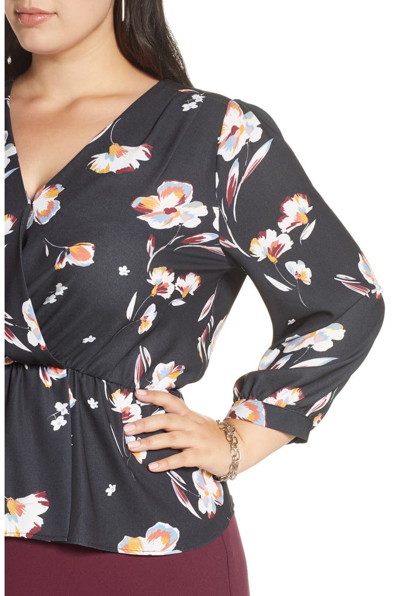 Wrap Front Peplum Top, Alternate, color, BLACK FLORAL