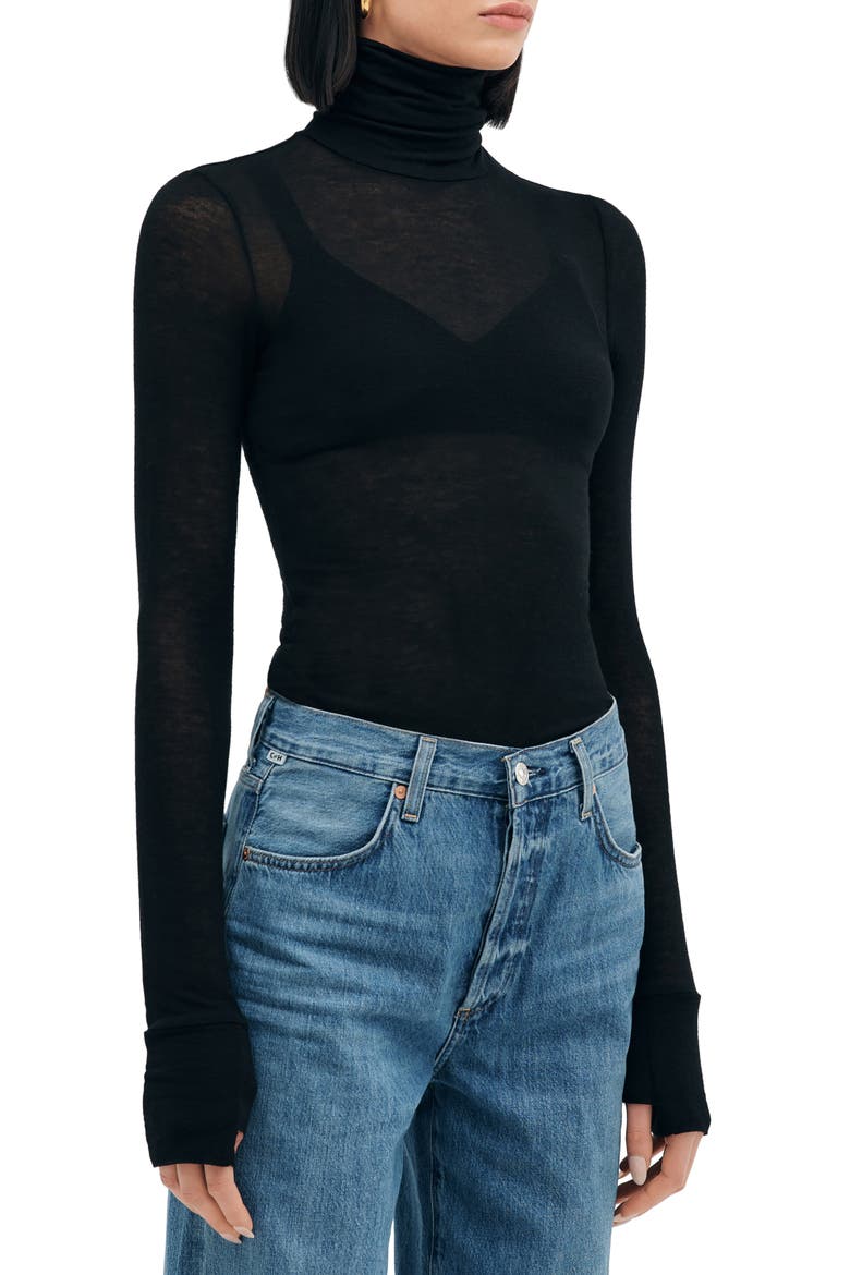 Eloise Turtleneck Semisheer Jersey Top, Alternate, color, BLACK
