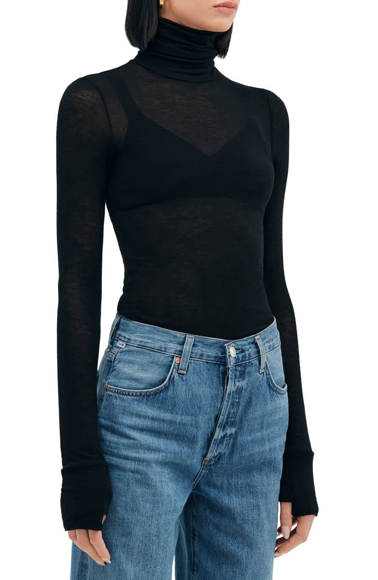 Marcella Eloise Turtleneck Semisheer Jersey Top, Alternate, color, Black