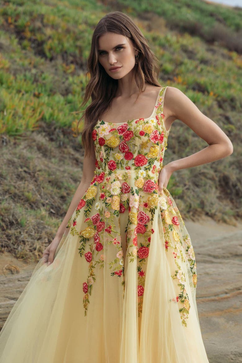 Embroidered Tulle A-Line Midi Dress, Alternate, color, Butter Multi