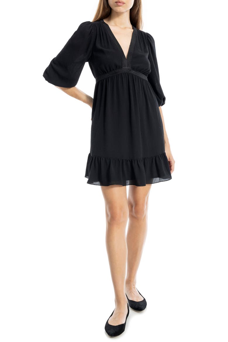 V-Neck Three-Quarter Sleeve Minidress, Alternate, color, BLACK