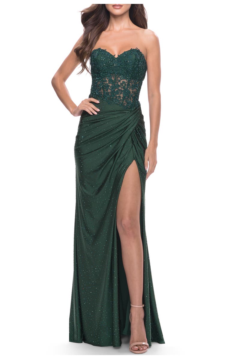 La Femme Sheer Lace Applique Bodice Dress with Jersey Skirt, Main, color, Dark Emerald