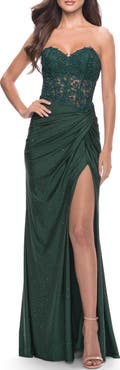 La Femme Sheer Lace Applique Bodice Dress with Jersey Skirt