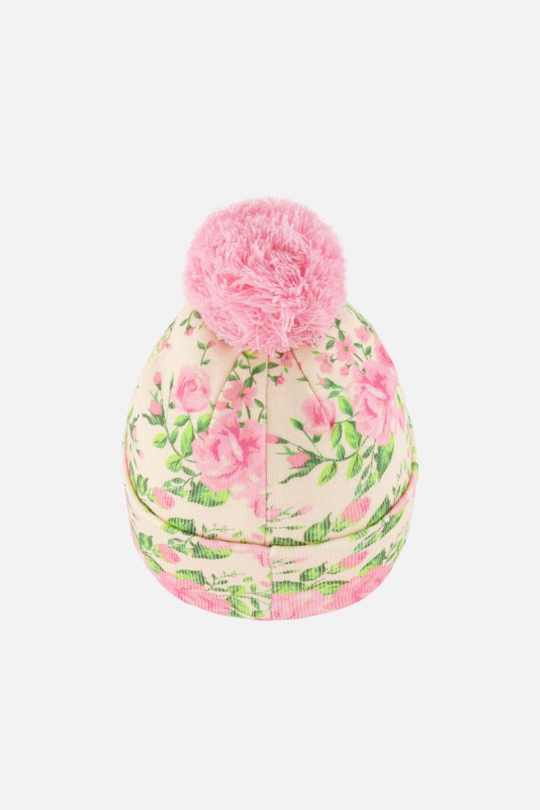 Vintage Rose Fleece-Lined Knit Hat with Pompom, Alternate, color, Beige Vintage Rose Print