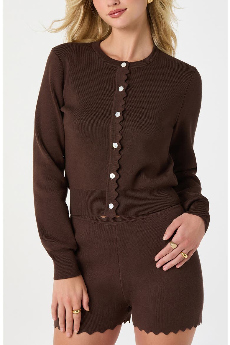 Scalloped Placket Crop Cardigan, Alternate, color, BROWN
