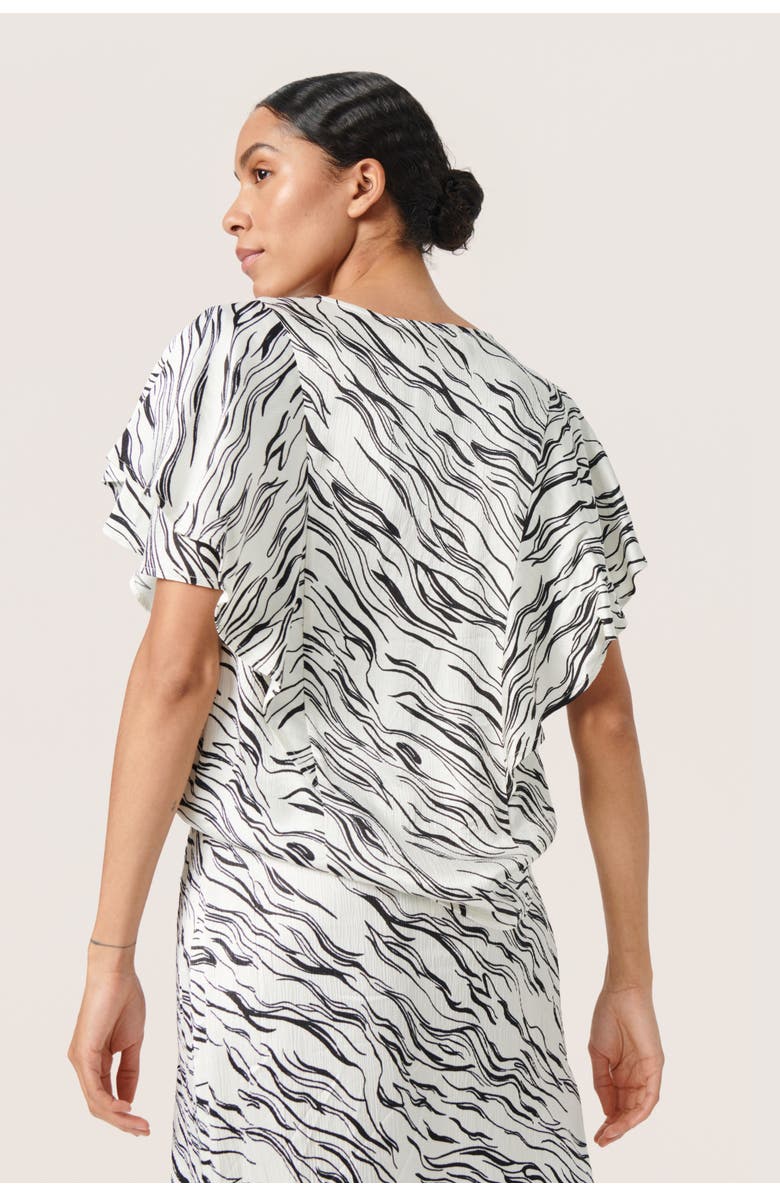 Soaked in Luxury Vinka Ruffle Sleeve Round Neck Blouse, Alternate, color, White/Black Wave Print
