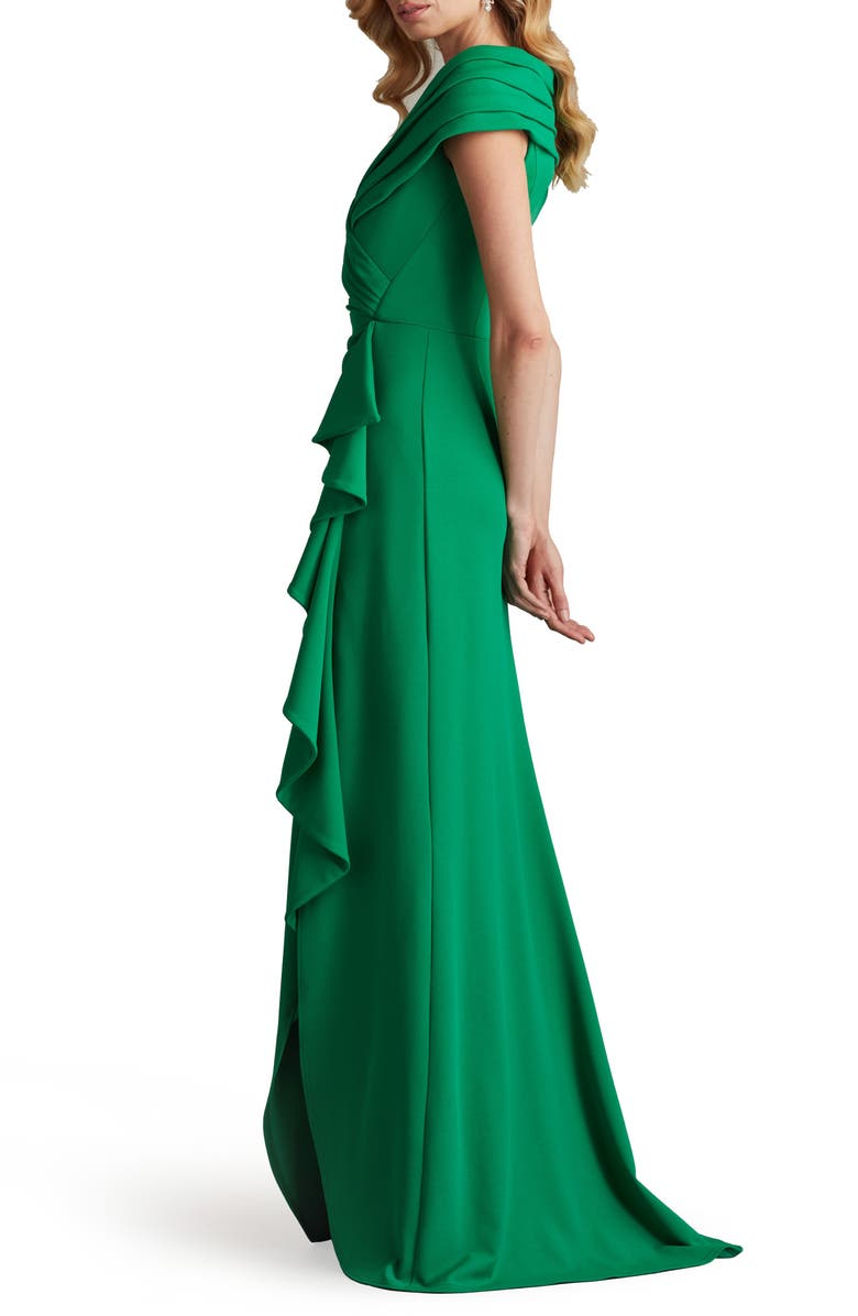 Tadashi Shoji Cascade Ruffle Portrait Neck Gown, Alternate, color, Green Leaf