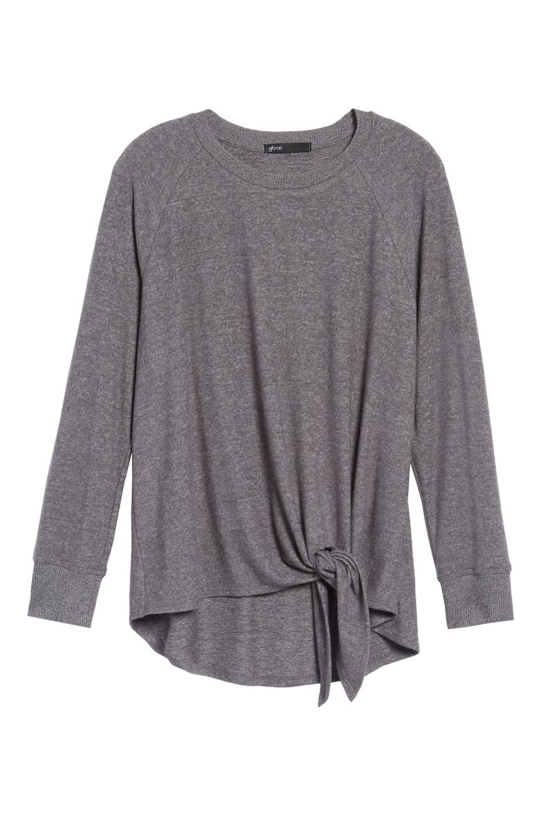 Gibson Tie Front Cozy Fleece Pullover, Alternate, color, CHARCOAL