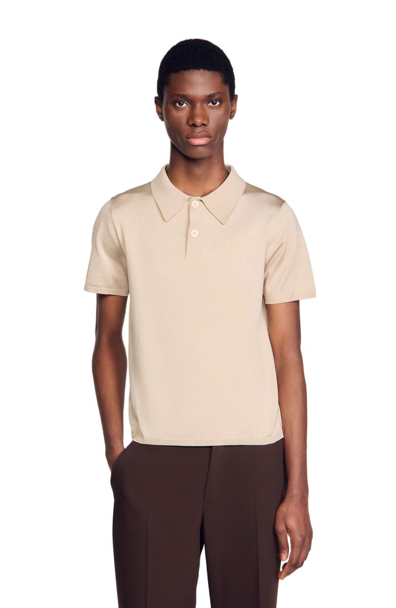 SANDRO Short-sleeve knitted polo shirt, Alternate, color, Oats