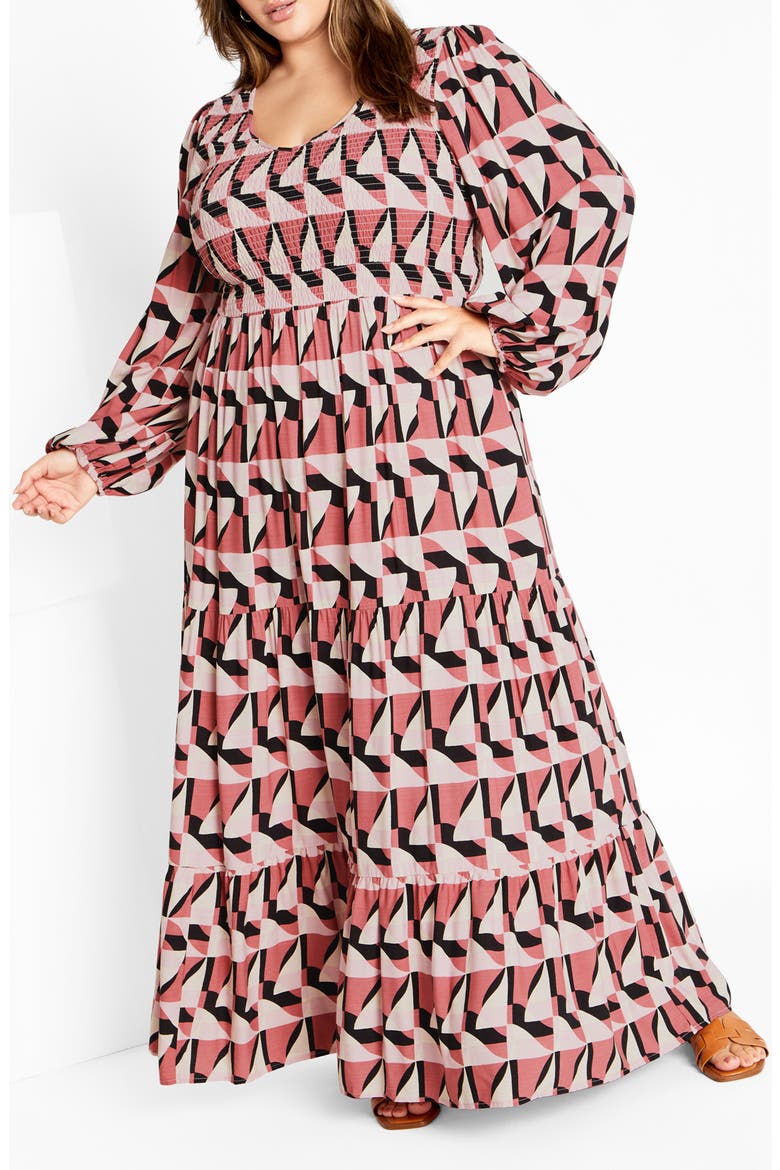 Adley Printed Smocked Bodice Long Sleeve Maxi Dress, Main, color, GEO PRINT