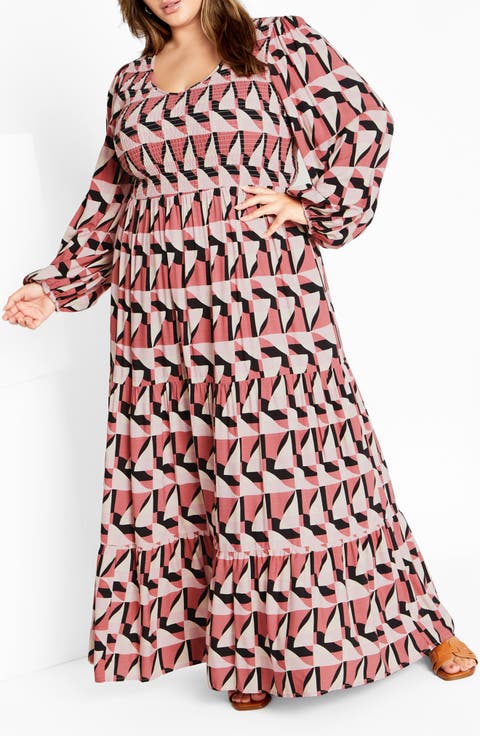 Adley Printed Smocked Bodice Long Sleeve Maxi Dress (Plus)