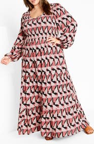 City Chic Adley Printed Smocked Bodice Long Sleeve Maxi Dress