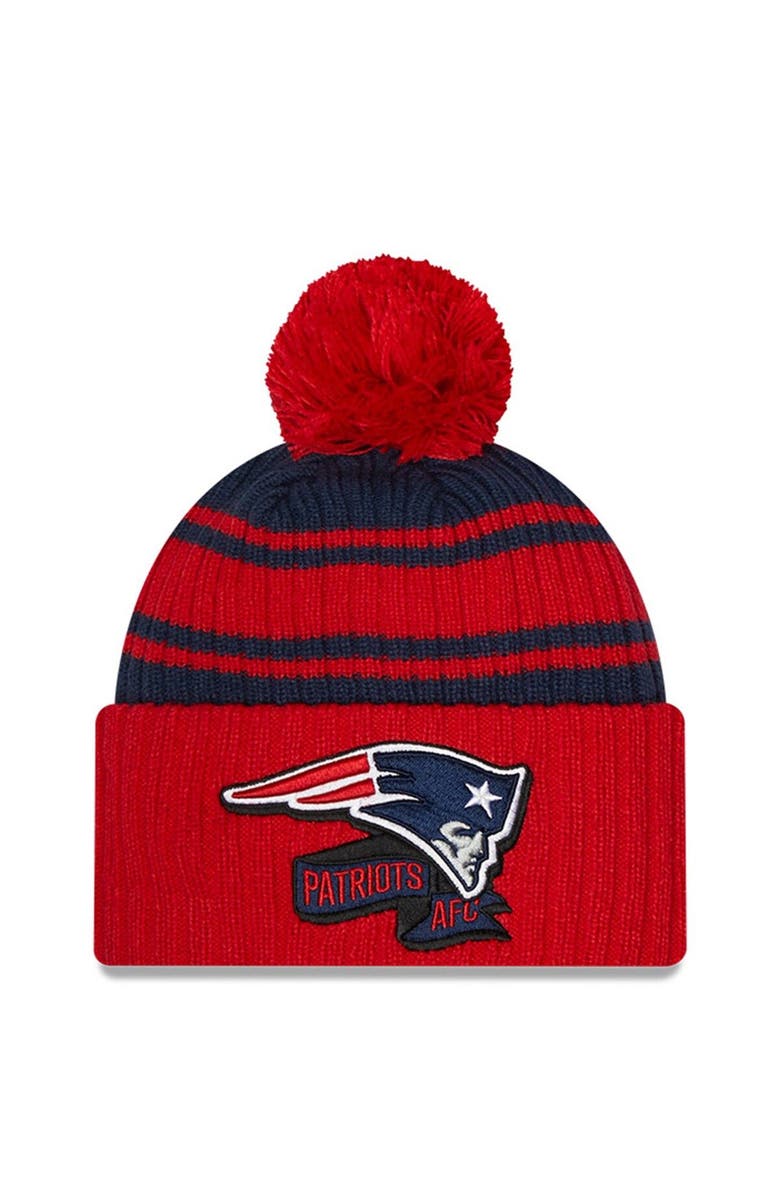 New Era Men's New Era  Navy New England Patriots 2022 Sideline Cuffed Pom Knit Hat, Main, color, Navy