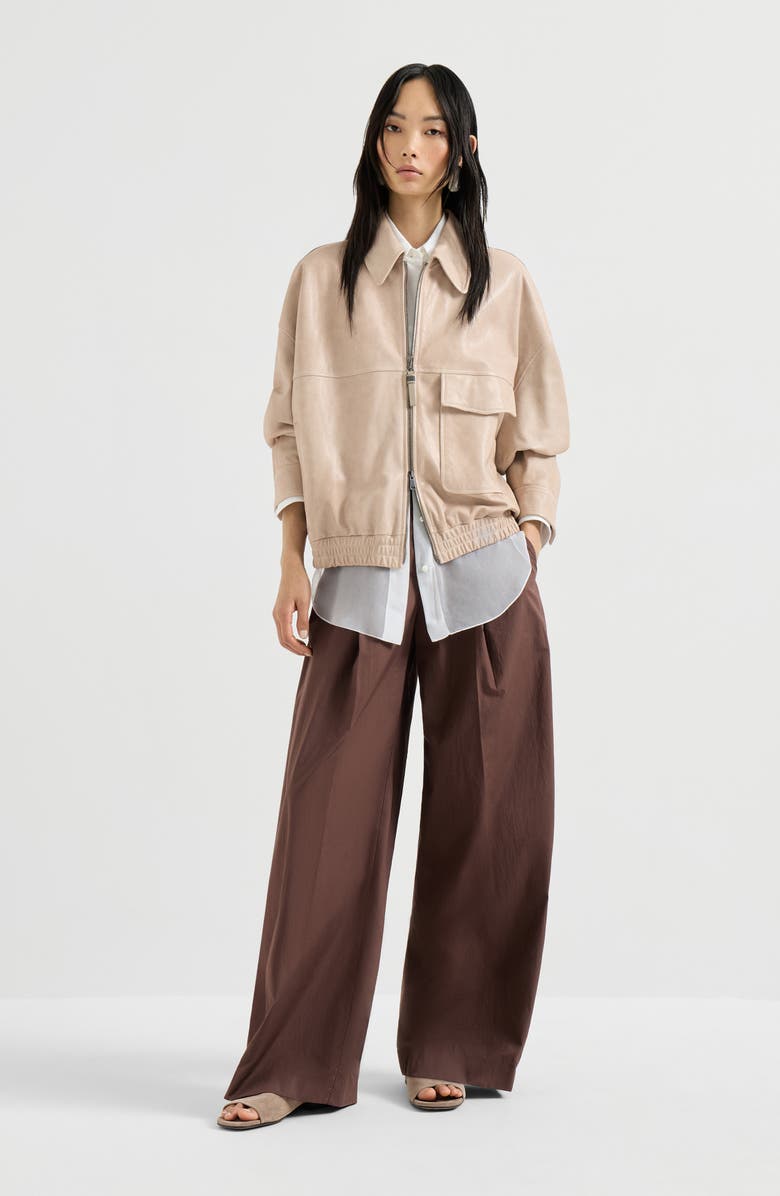 Brunello Cucinelli Glossy nappa leather outerwear jacket, Alternate, color, Beige