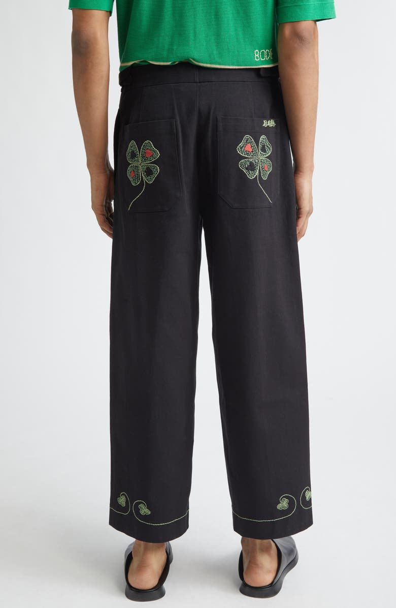 Bode Lucky Draw Embroidered Cotton Twill Wide Leg Ankle Pants, Alternate, color, Black