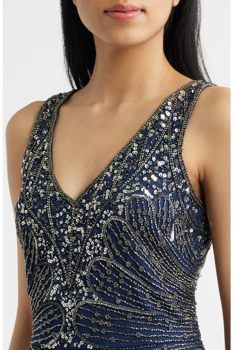 Beaded Sleeveless Chiffon Dress, Alternate, color, DENIM