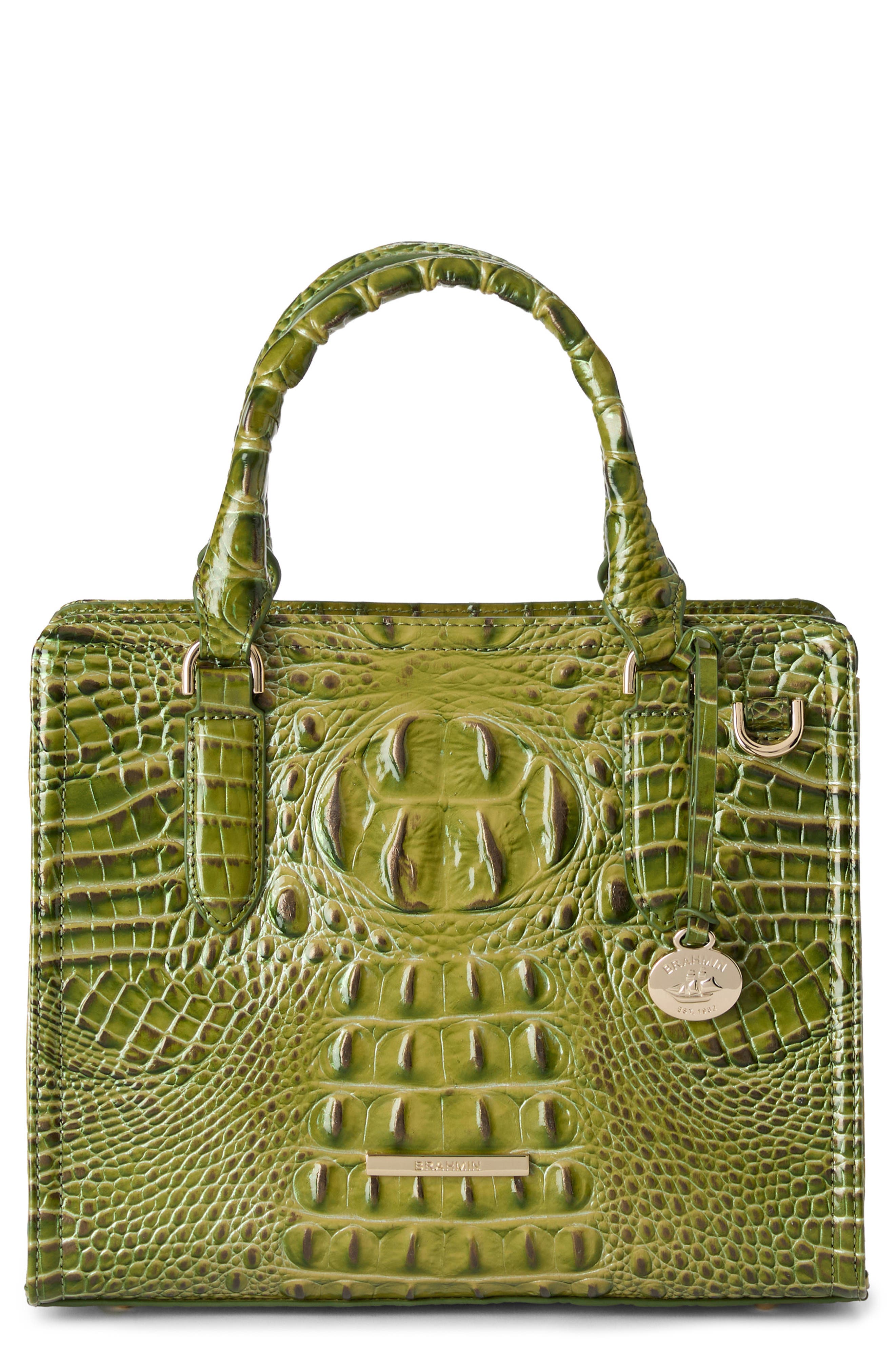 Brahmin Cami Croc Embossed Leather Satchel, Main, color, Olive