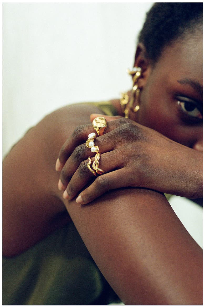 Molten Baroque Freshwater Pearl Twisted Stacking Ring, Alternate, color, GOLD