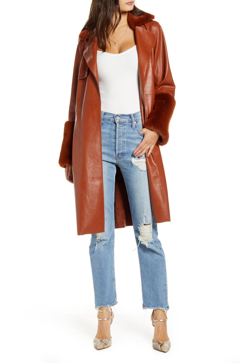 Faux Leather Coat with Faux Fur Trim, Alternate, color, RUST + RUST FAUX FUR